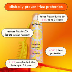 Dispense action of Amika Shield demonstrates easy spray for hair protection.