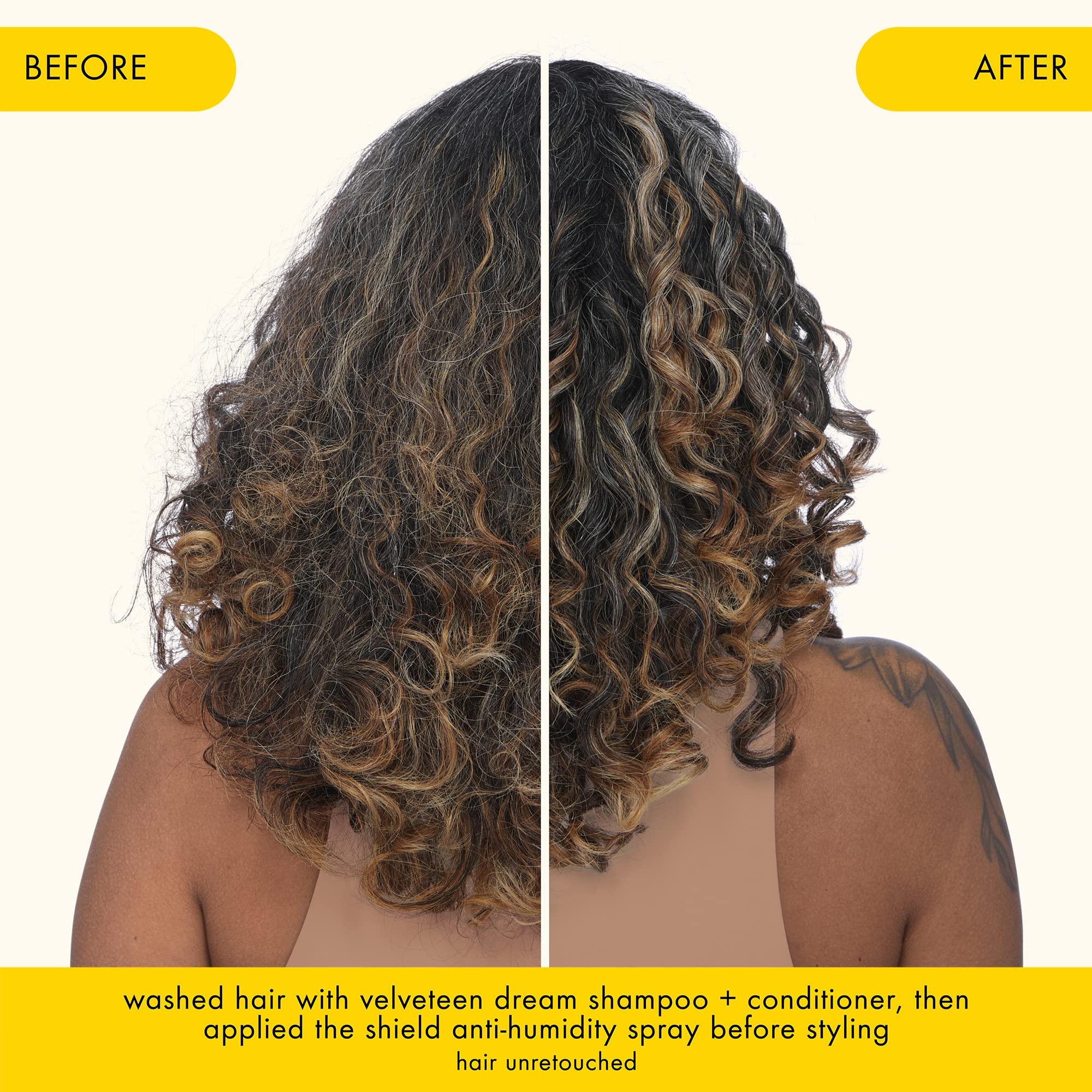 Amika Shield demonstrates 24-hour frizz control on styled hair.