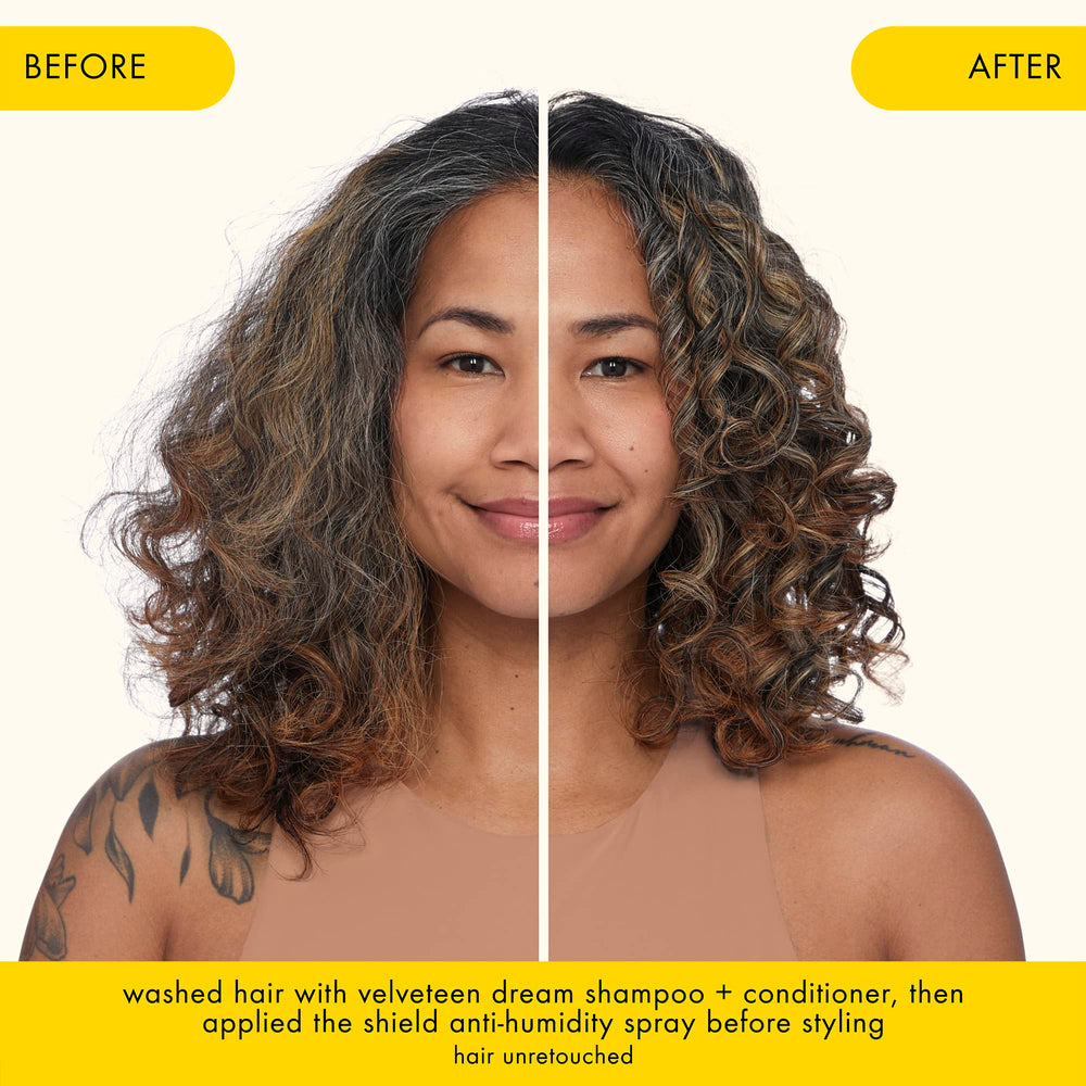 Close-up of Amika Shield applying heat protection up to 450°F on hair.