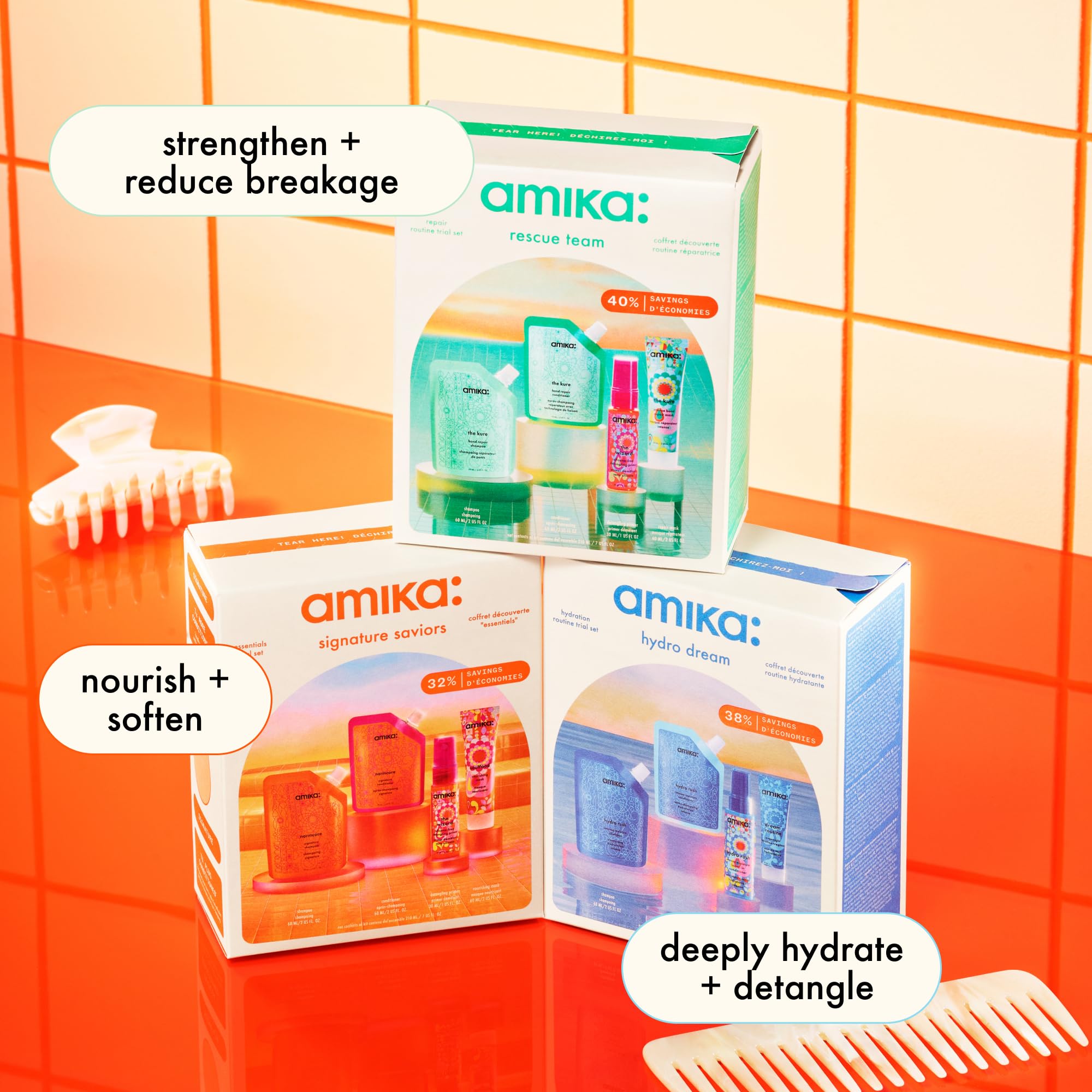 Amika Signature Saviors essential trial set packaging carry-on ready for travel