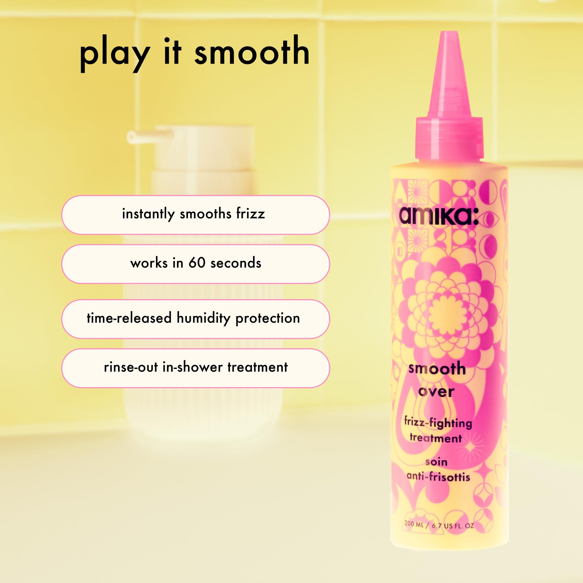 Amika Smooth Over Frizz-Fighting Treatment Mask being applied to damp hair for smoothing.