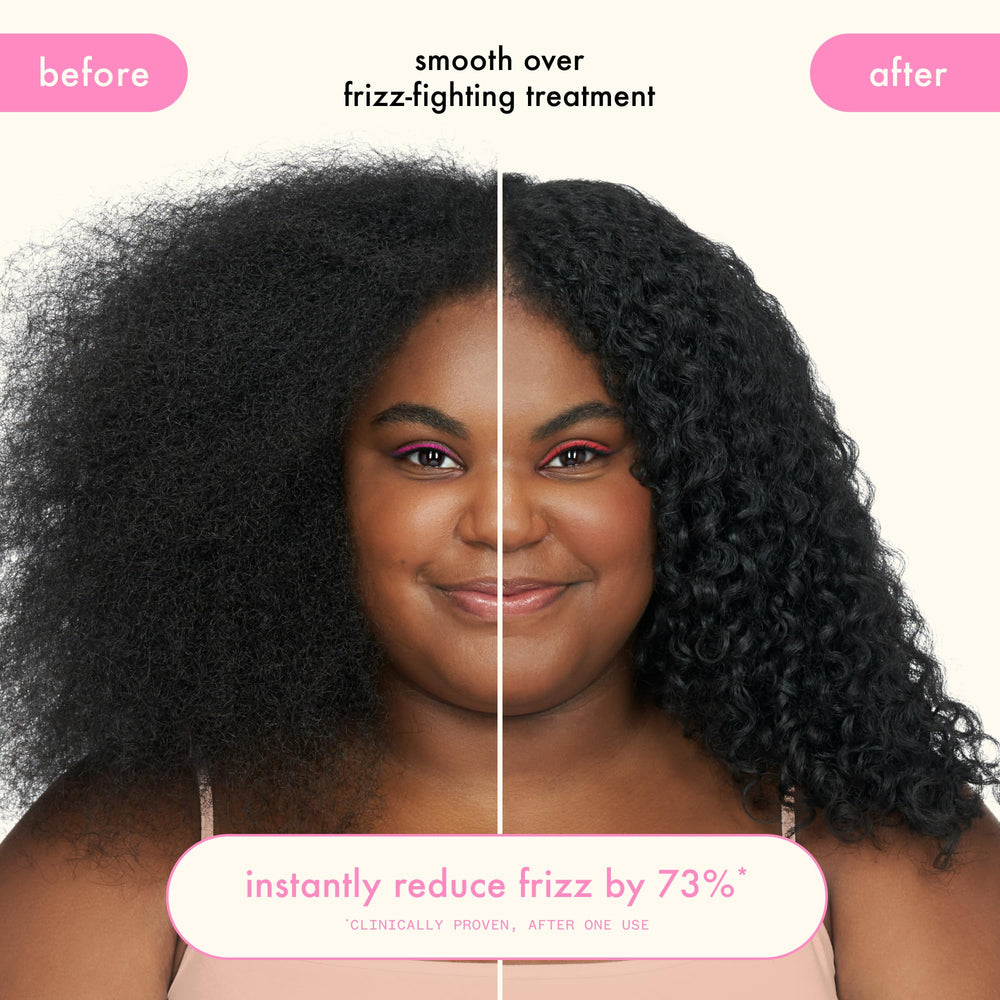 Amika Smooth Over Frizz-Fighting Treatment Mask creamy texture on fingertip.