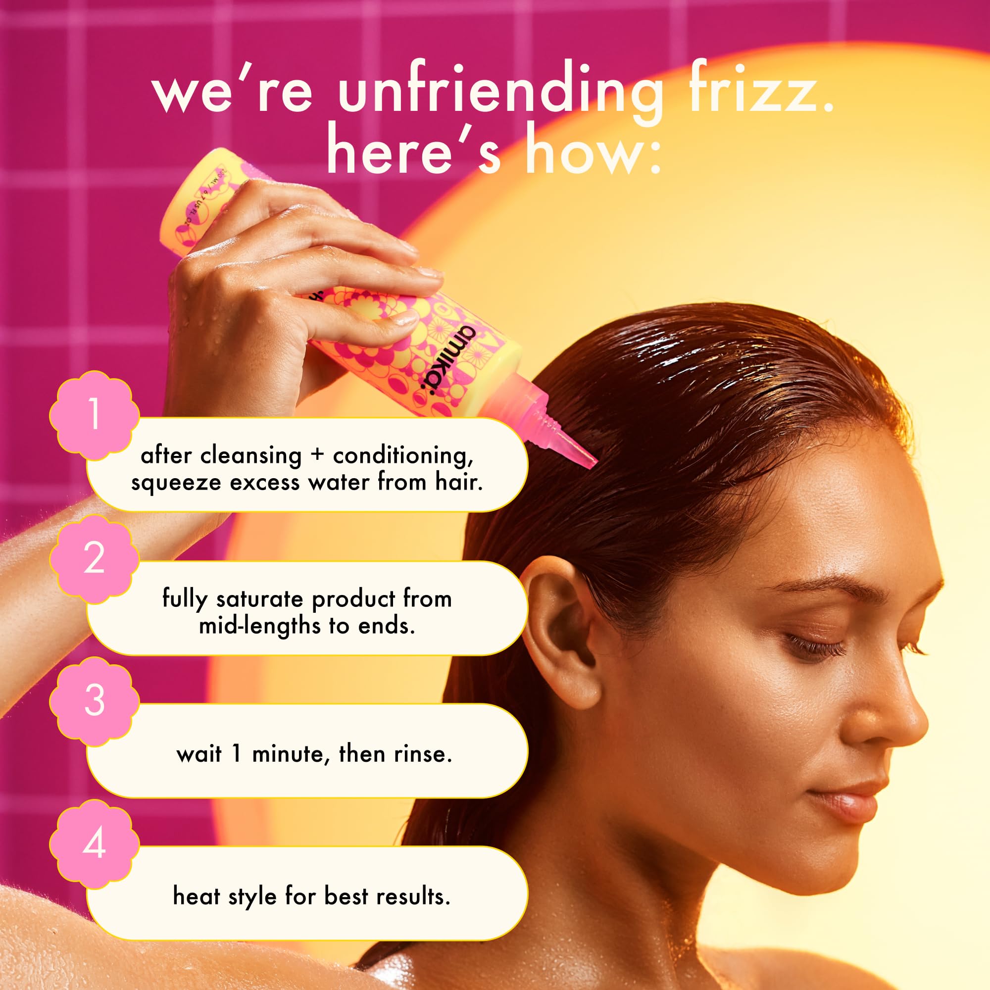 Amika Smooth Over Frizz-Fighting Treatment Mask with water lily extract symbolism.
