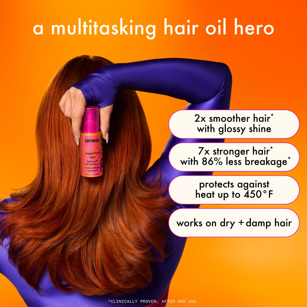 Amika Superfruit Star dropper close-up shows lightweight texture for frizz control.