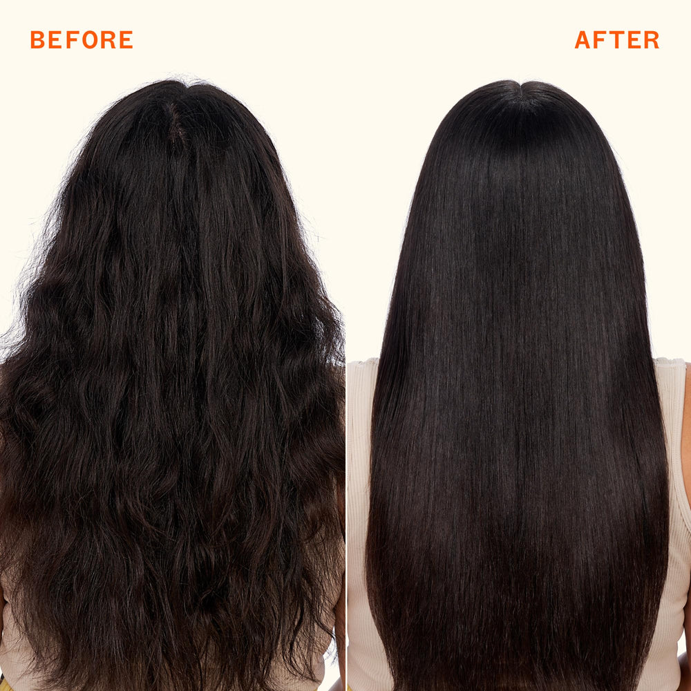 Close-up of frizz control with Amika Superfruit Star on hair.