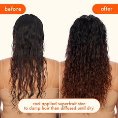 Amika Superfruit Star hand applying oil demonstrates daily shine and frizz control.