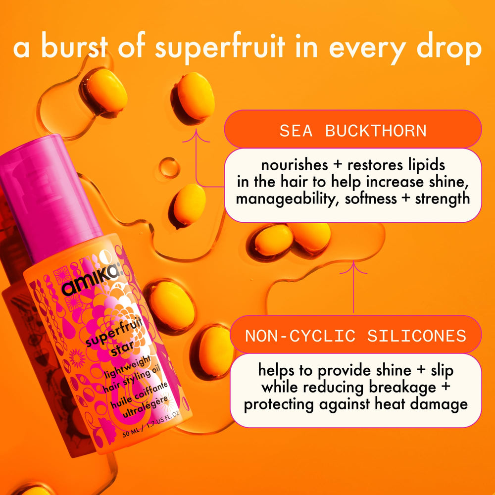 Amika Superfruit Star close-up shield emphasizes heat protection barrier.