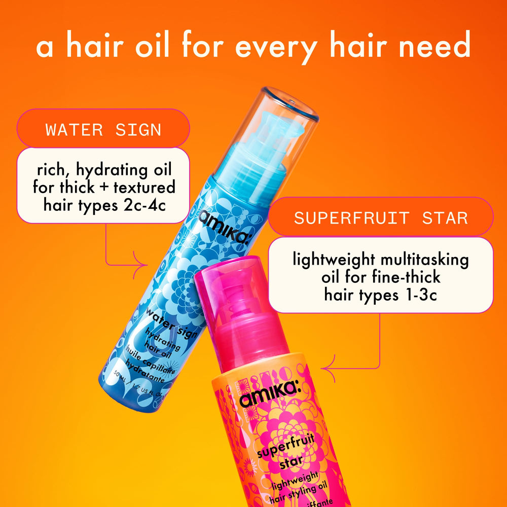 Amika Superfruit Star quick absorption on dry hair for light styling.