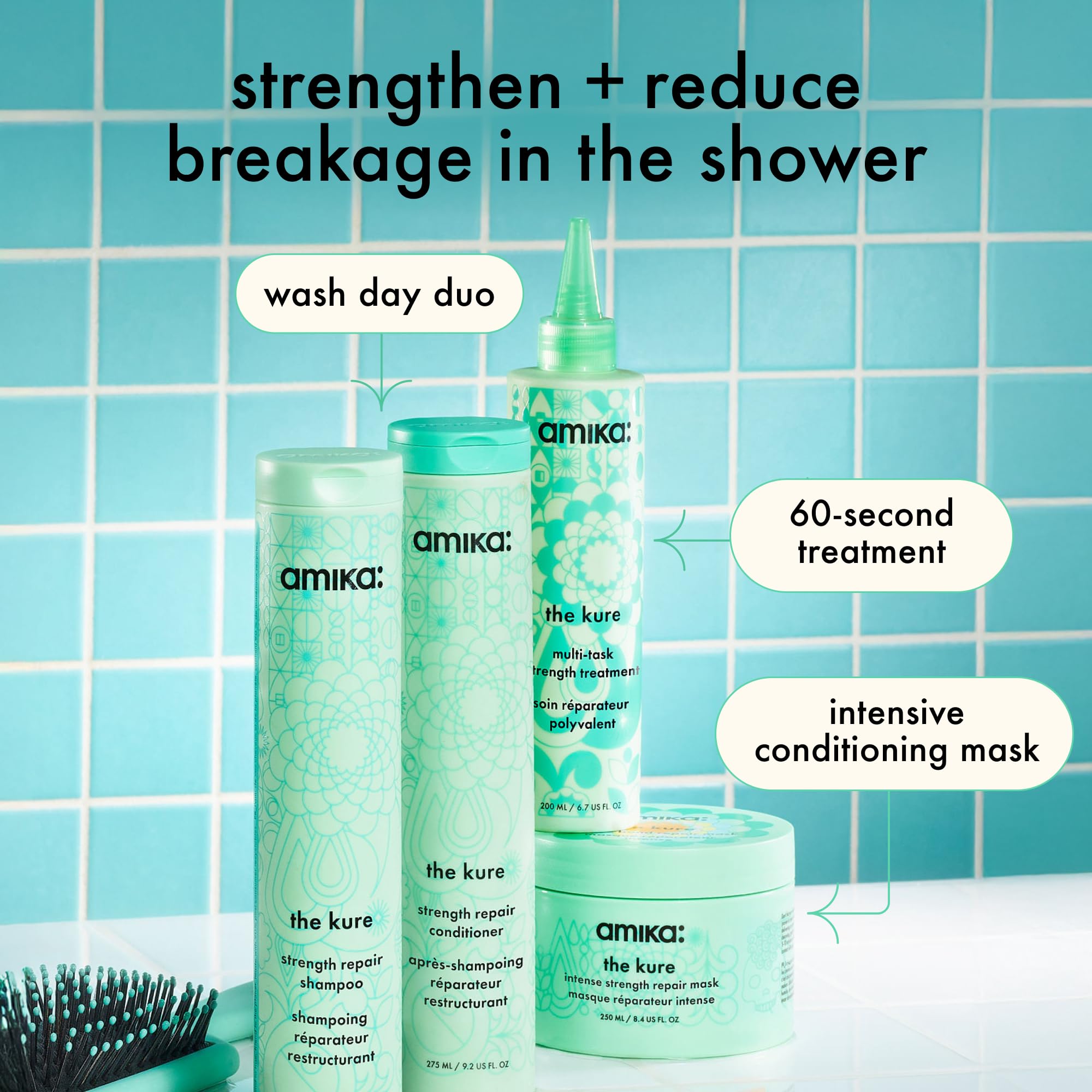 Amika The Kure Strength Repair Shampoo applied to damaged hair focusing on bonds