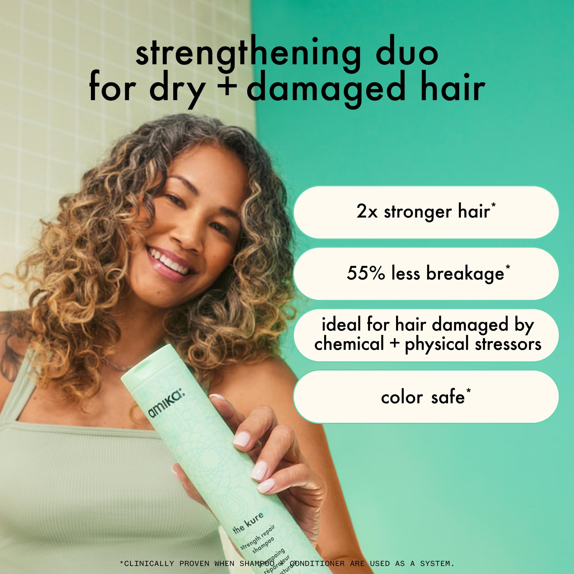 Amika The Kure Strength Repair Shampoo bottle on a bathroom shelf for daily strengthening routine
