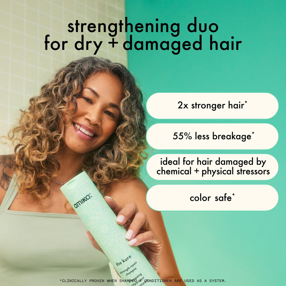 Amika The Kure Strength Repair Shampoo bottle on a bathroom shelf for daily strengthening routine