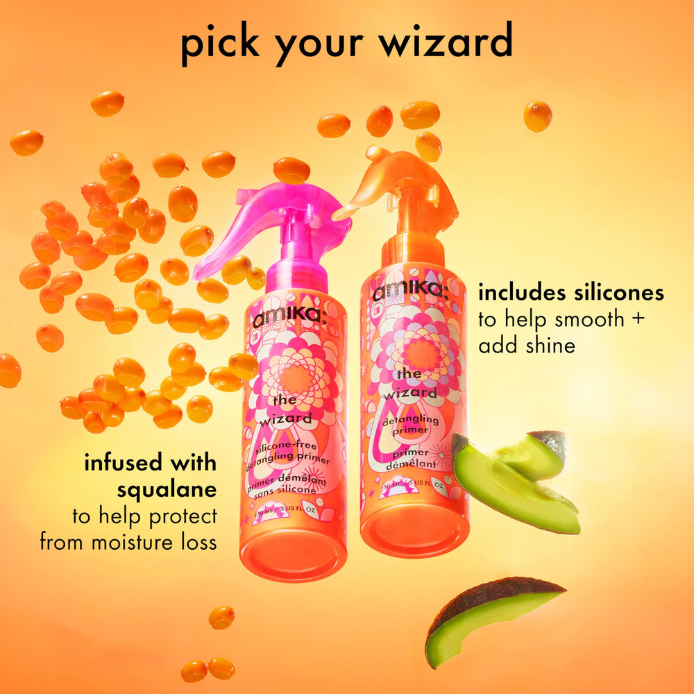 Amika The Wizard Detangling Hair Primer close-up label demonstrates premium styling.