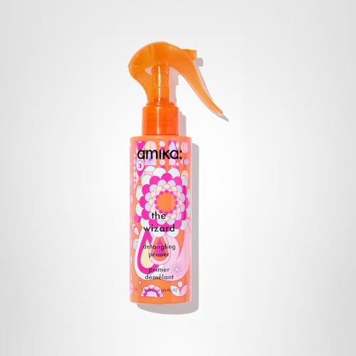 Amika The Wizard Detangling Hair Primer bottle displayed with sleek packaging.