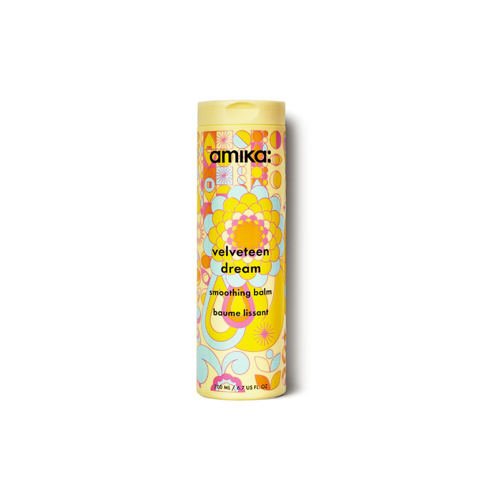 amika Velveteen Dream smoothing balm bottle closeup showing frizz-control formula