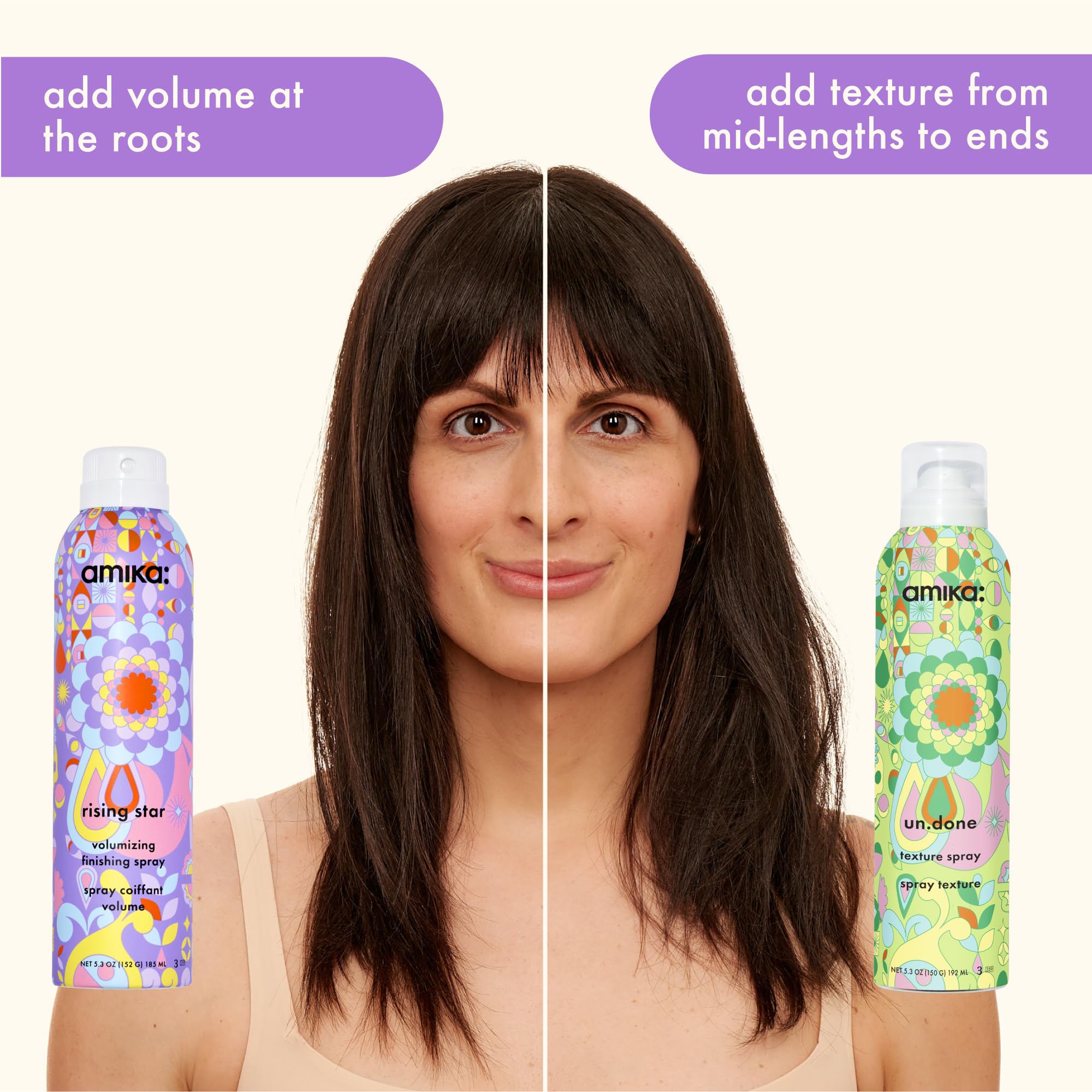 Amika Volumizing finishing spray mist demonstrates lift and flexible hold.