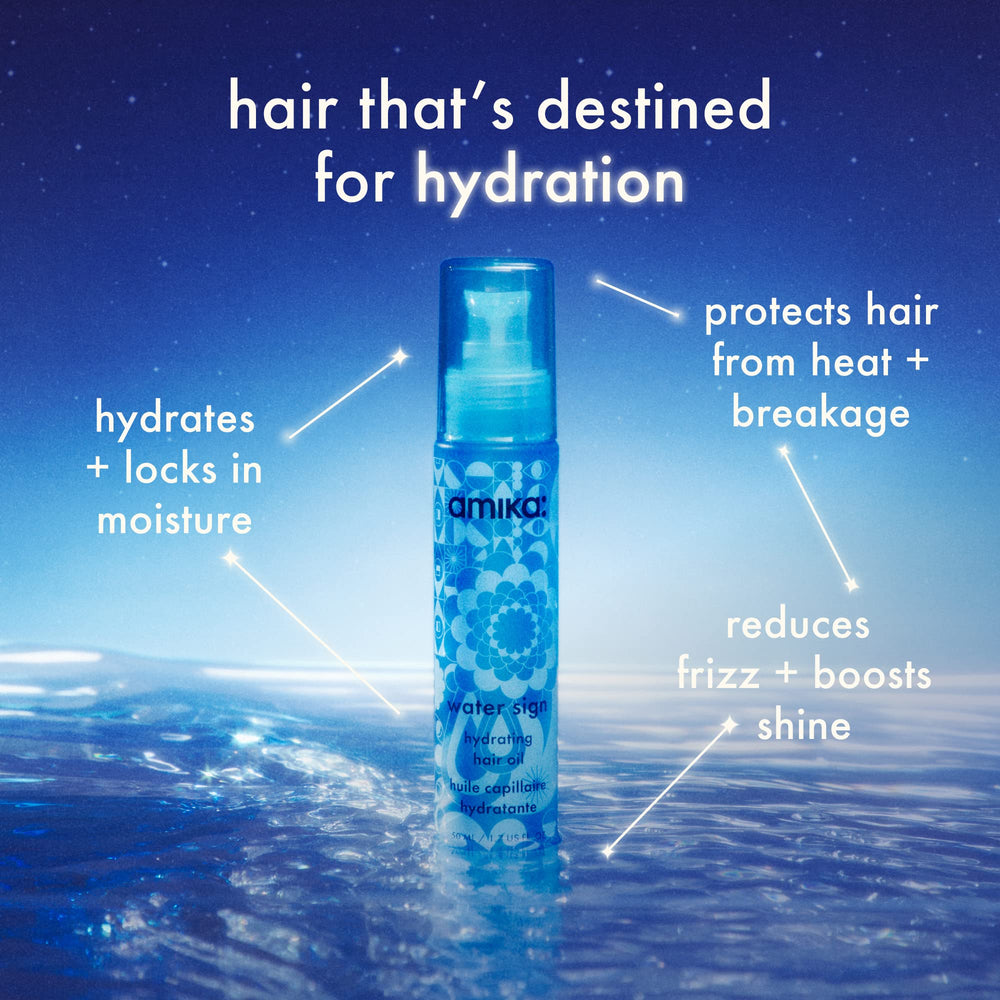Amika Water Sign oil drop application delivers even moisture coverage.