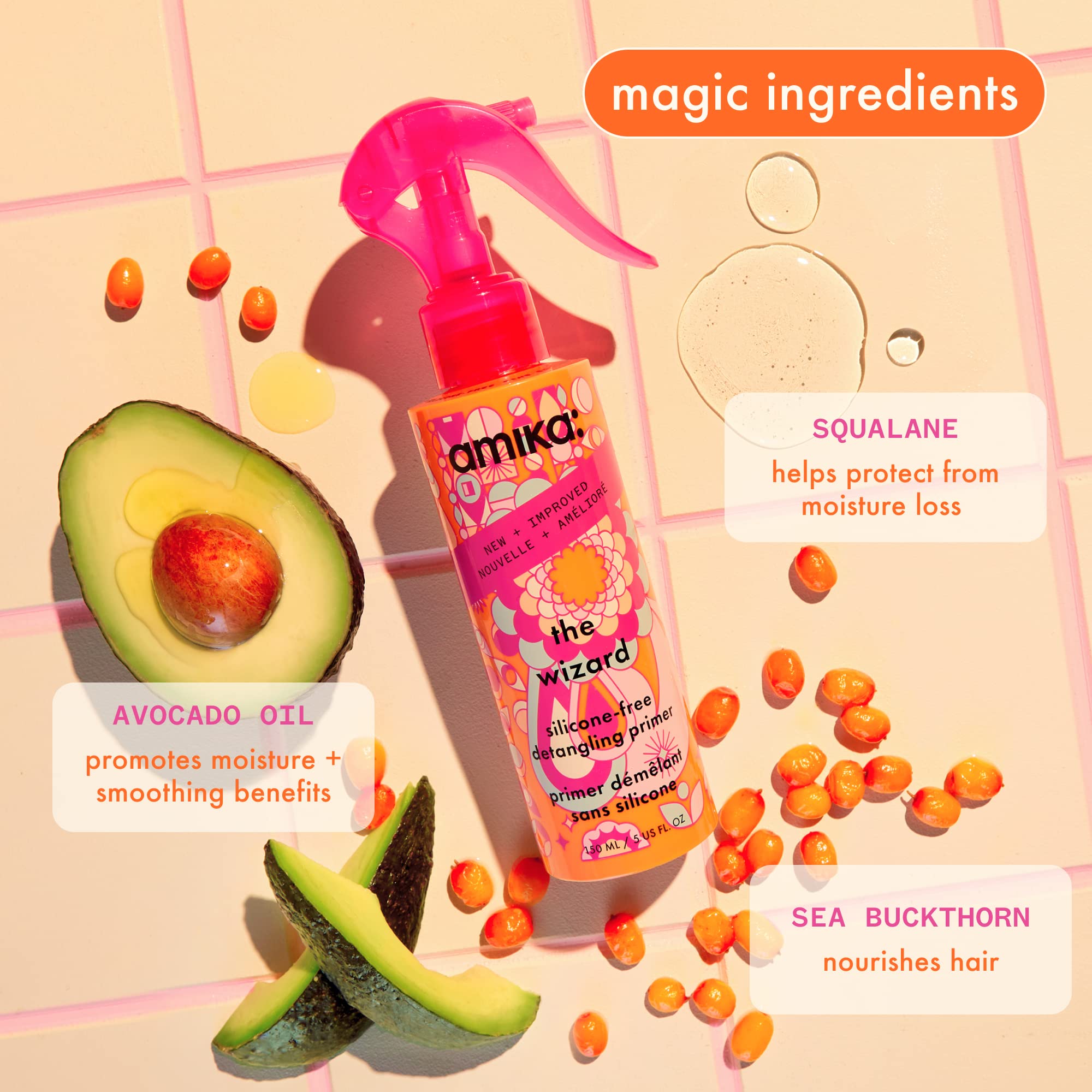Amika Wizard bottle provides heat protection up to 450°F for smoother styling.
