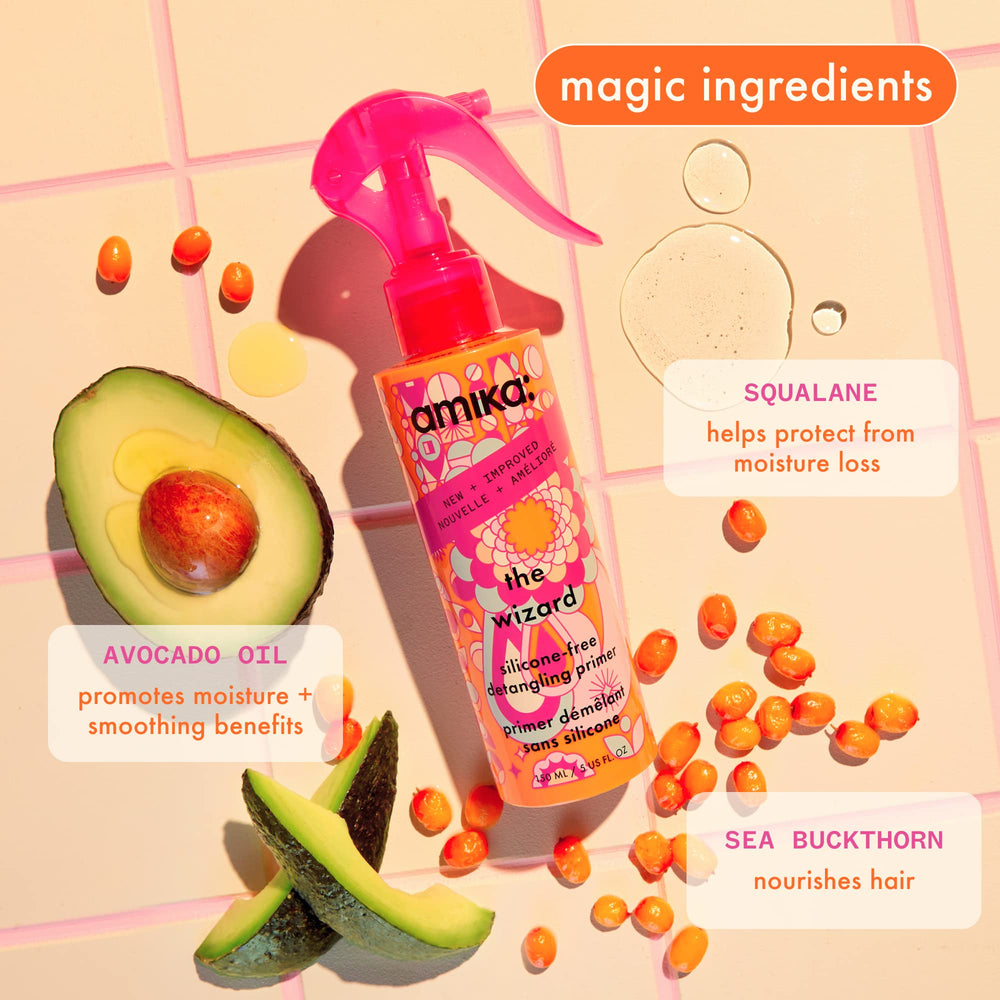 Amika Wizard bottle provides heat protection up to 450°F for smoother styling.