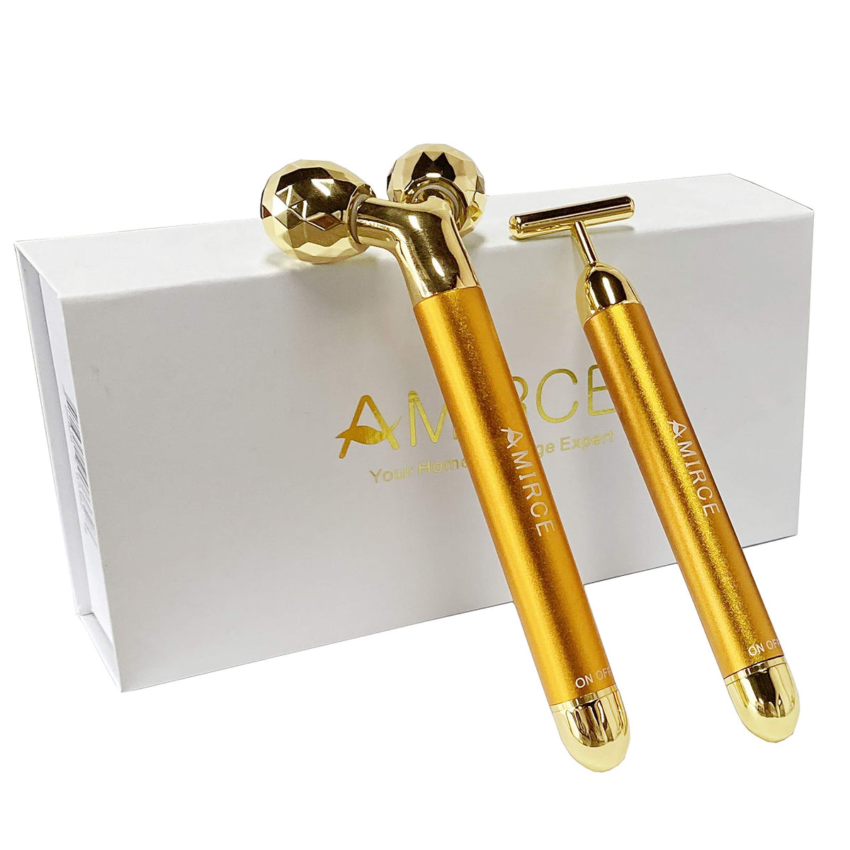 Amirce face massager roller golden 3D roller contours facial curves for a soothing massage.