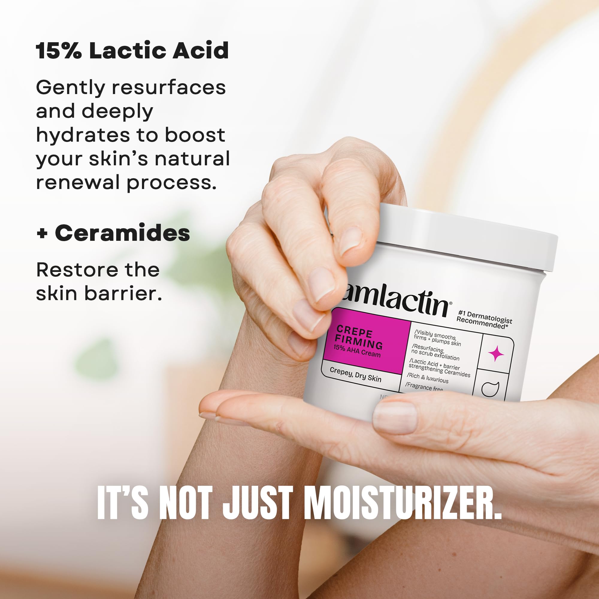 AmLactin Crepe Firming Cream applied to forearm to show hydration and smoothing.