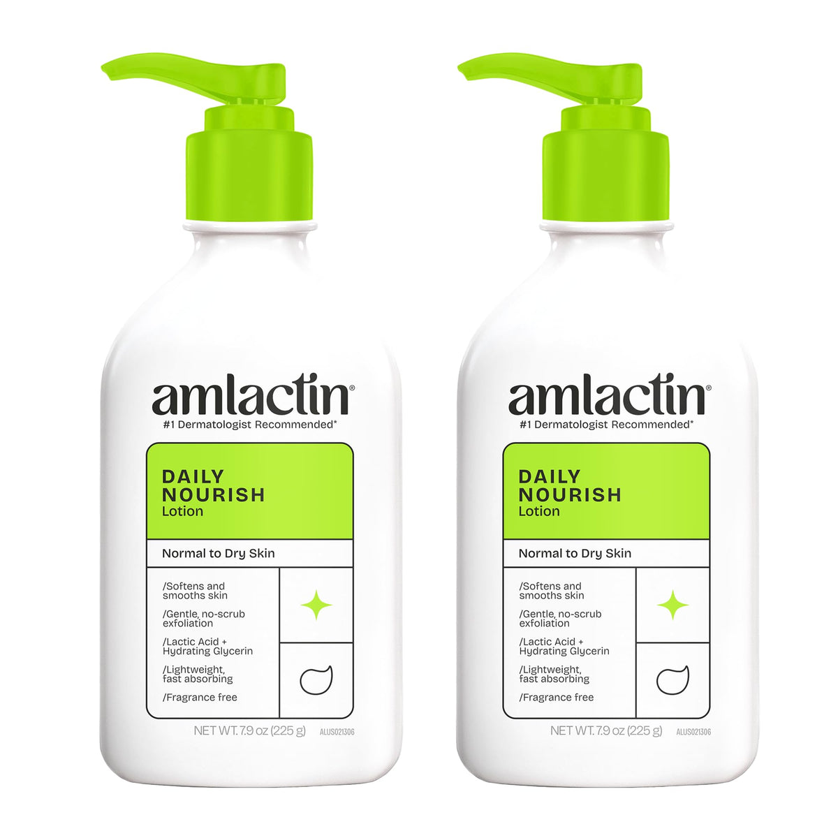 AmLactin Daily Moisturizing Lotion pump bottle delivers quick, non-greasy hydration for dry skin.