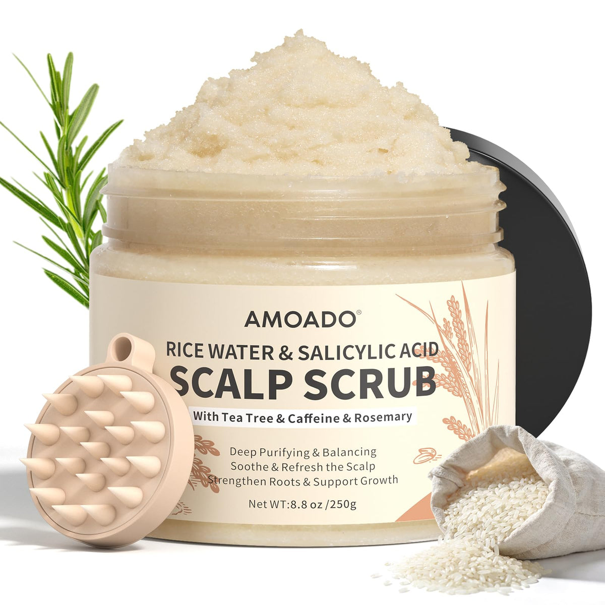 AMOADO Rice Water Scrub en botella frontal para una limpieza suave.
