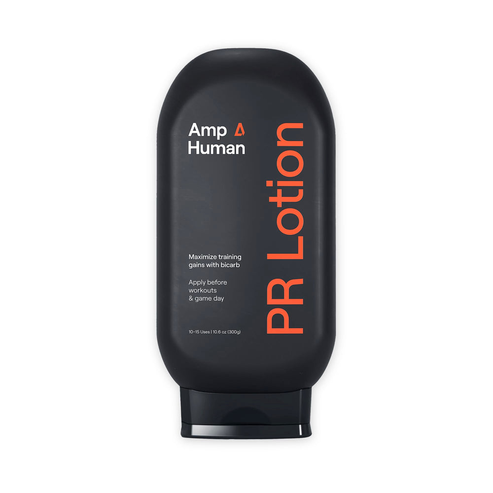 Amp Human PR Lotion bottle front showing topical electrolyte delivery for athletes.