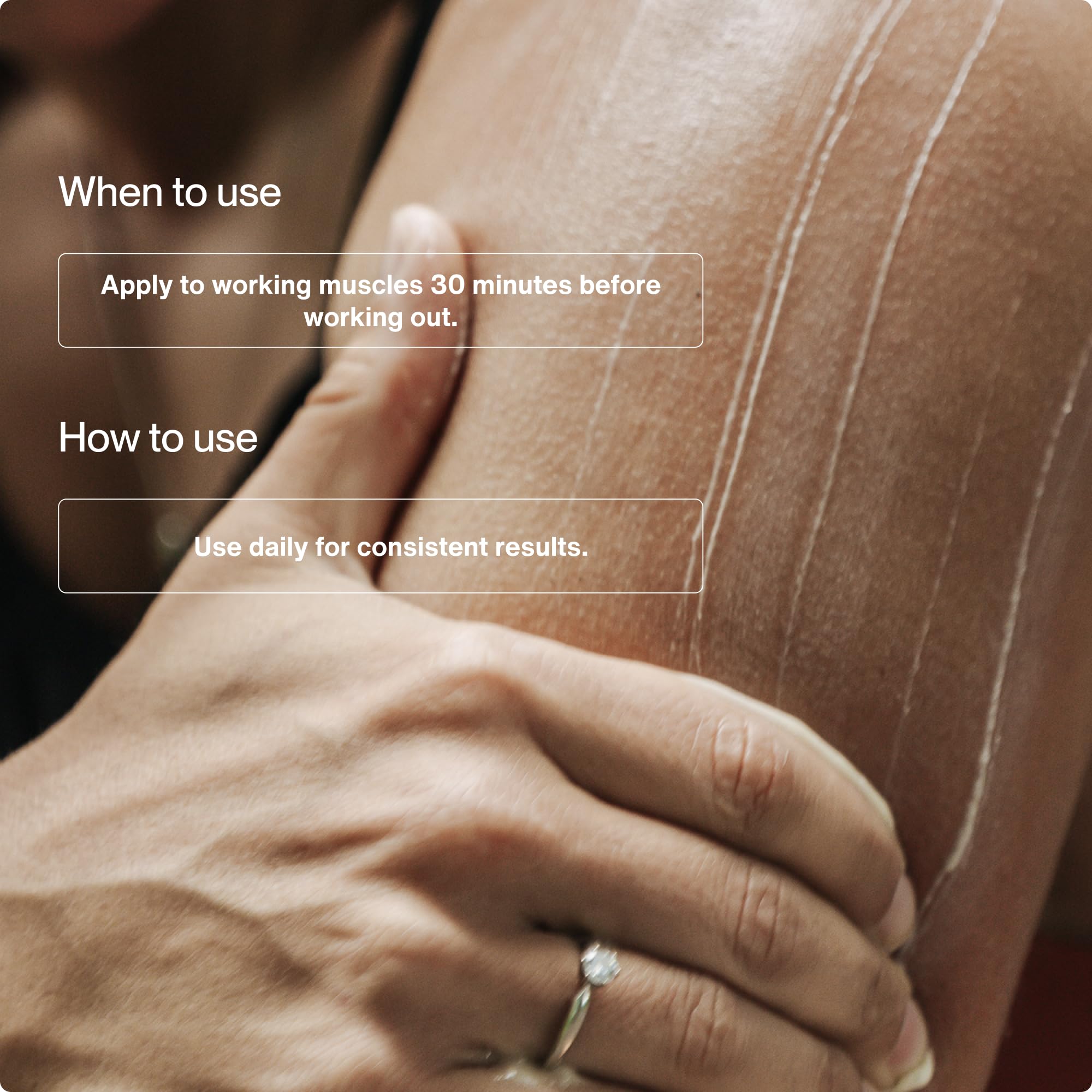 Hands applying PR Lotion on leg muscles for topical performance support.