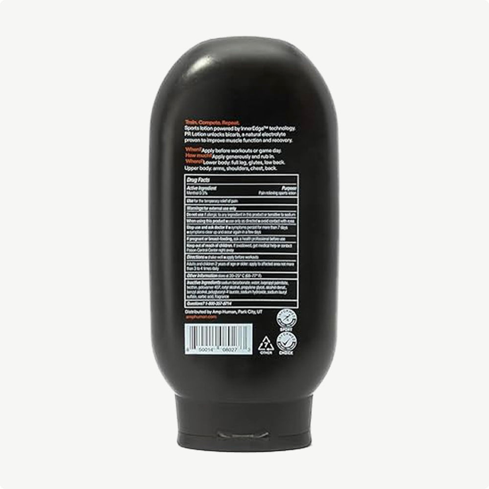 Packaging of PR Lotion highlights quality and Informed Sport certification.
