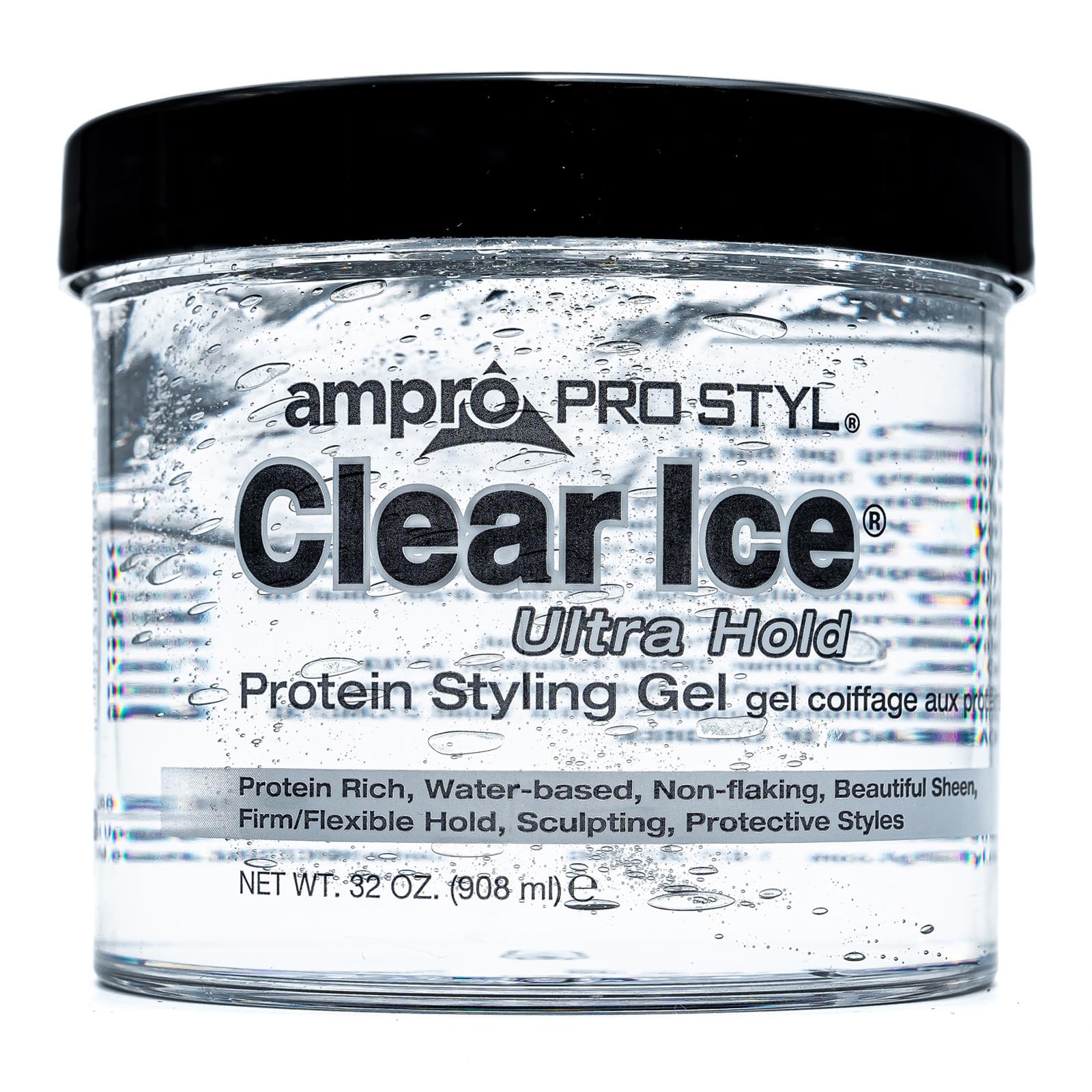 AmPro Pro Styl Clear Ice gel bottle pour shows non-flaking hold for versatile styling.