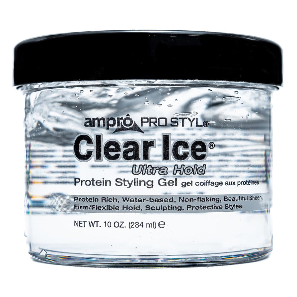 AmPro Pro Styl Clear Ice Gel jar shows alcohol-free formula for versatile styling.