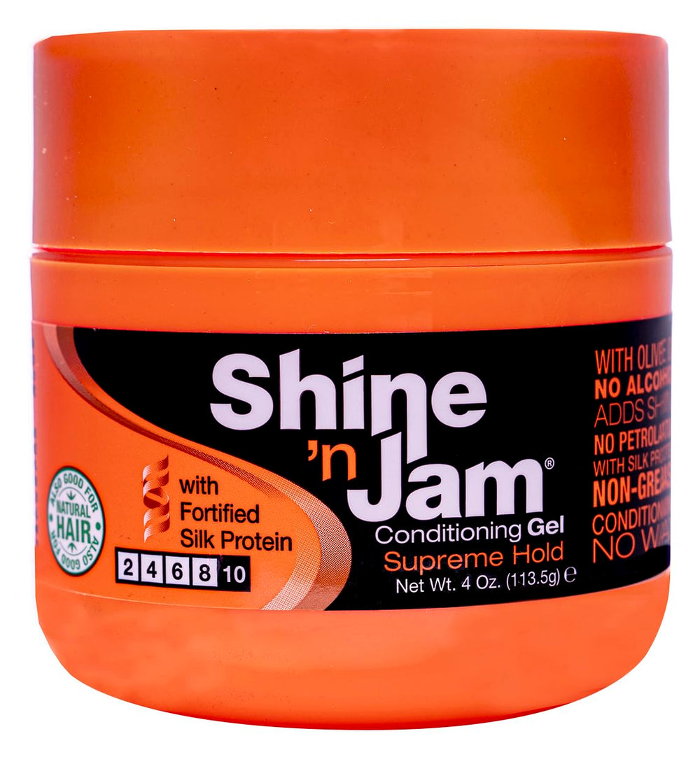 AmPro Shine 'n Jam conditioning gel provides a non-greasy, long-lasting hold for stylish hair.