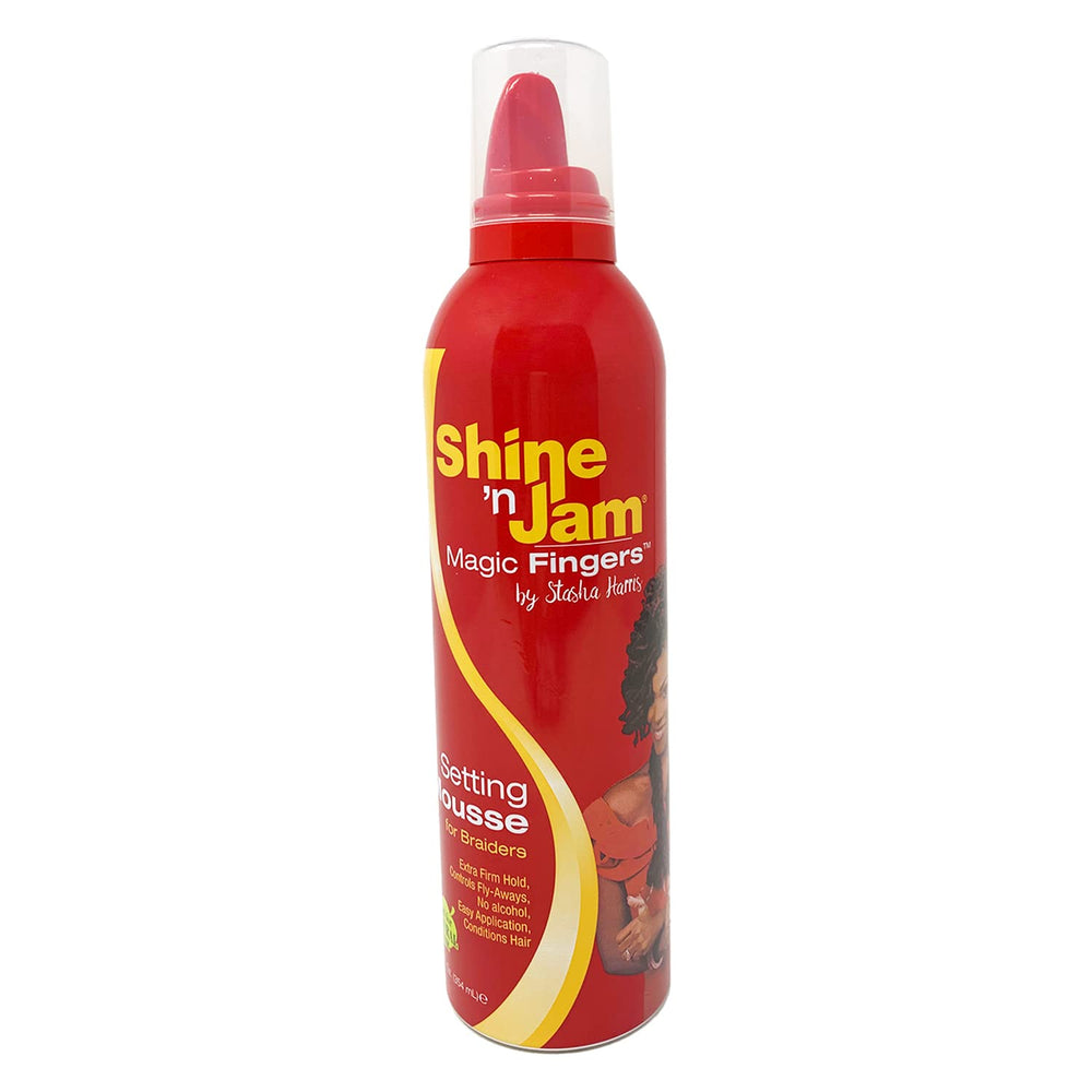 AmPro Shine-N-Jam Mousse: empaque compacto para fijar trenzas con elegancia.