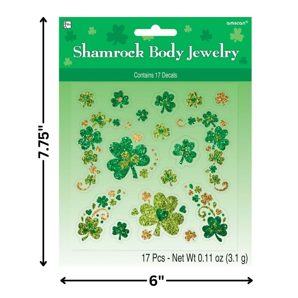 Close-up of glittery shamrock designs on Amscan jewelry for festive wear.