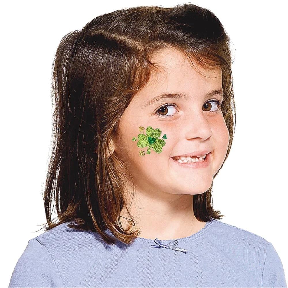 Shimmering green and gold glitter from Amscan body jewelry for festive outfits.