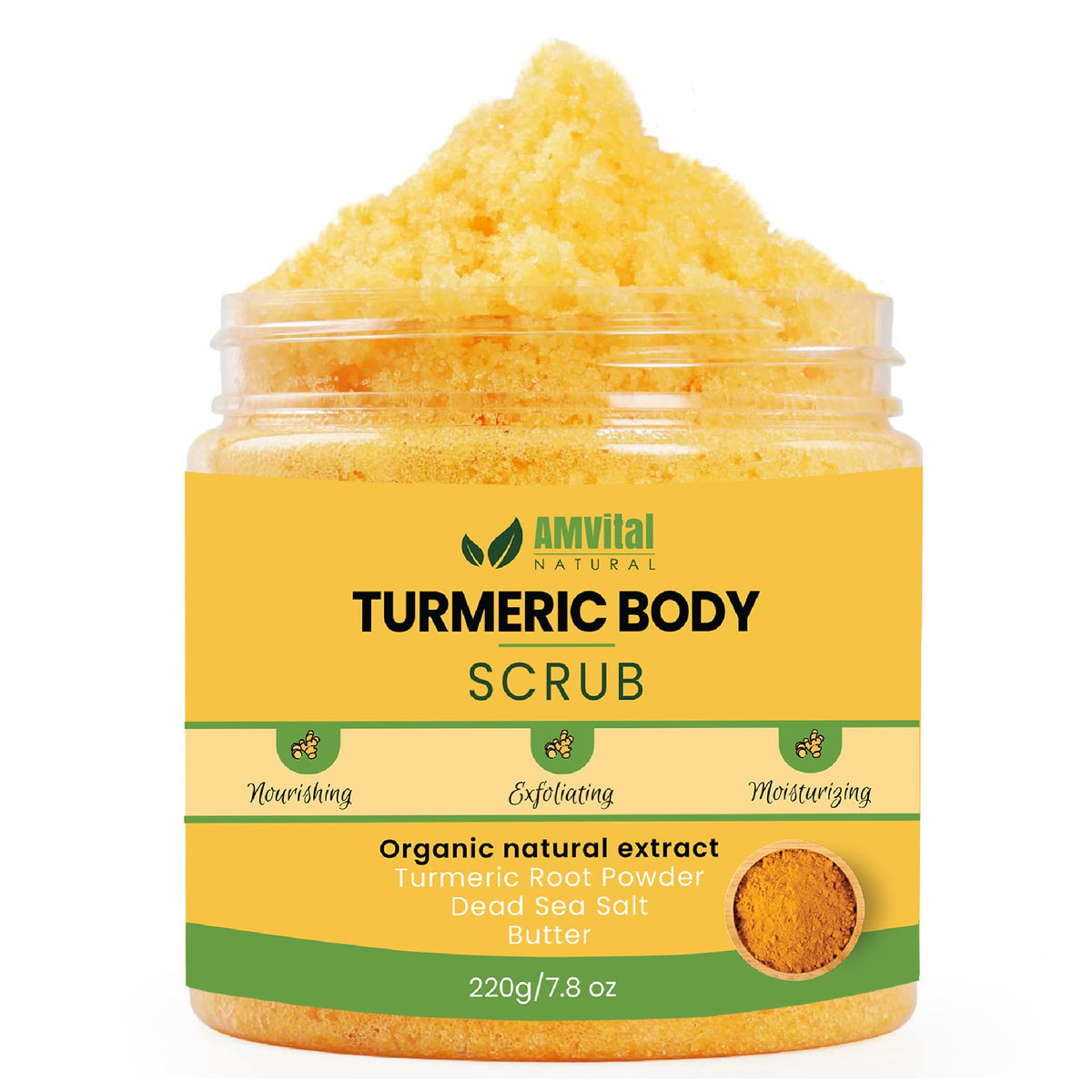 AMVital exfoliante cúrcuma para cuerpo en frasco, piel suave y renovada.