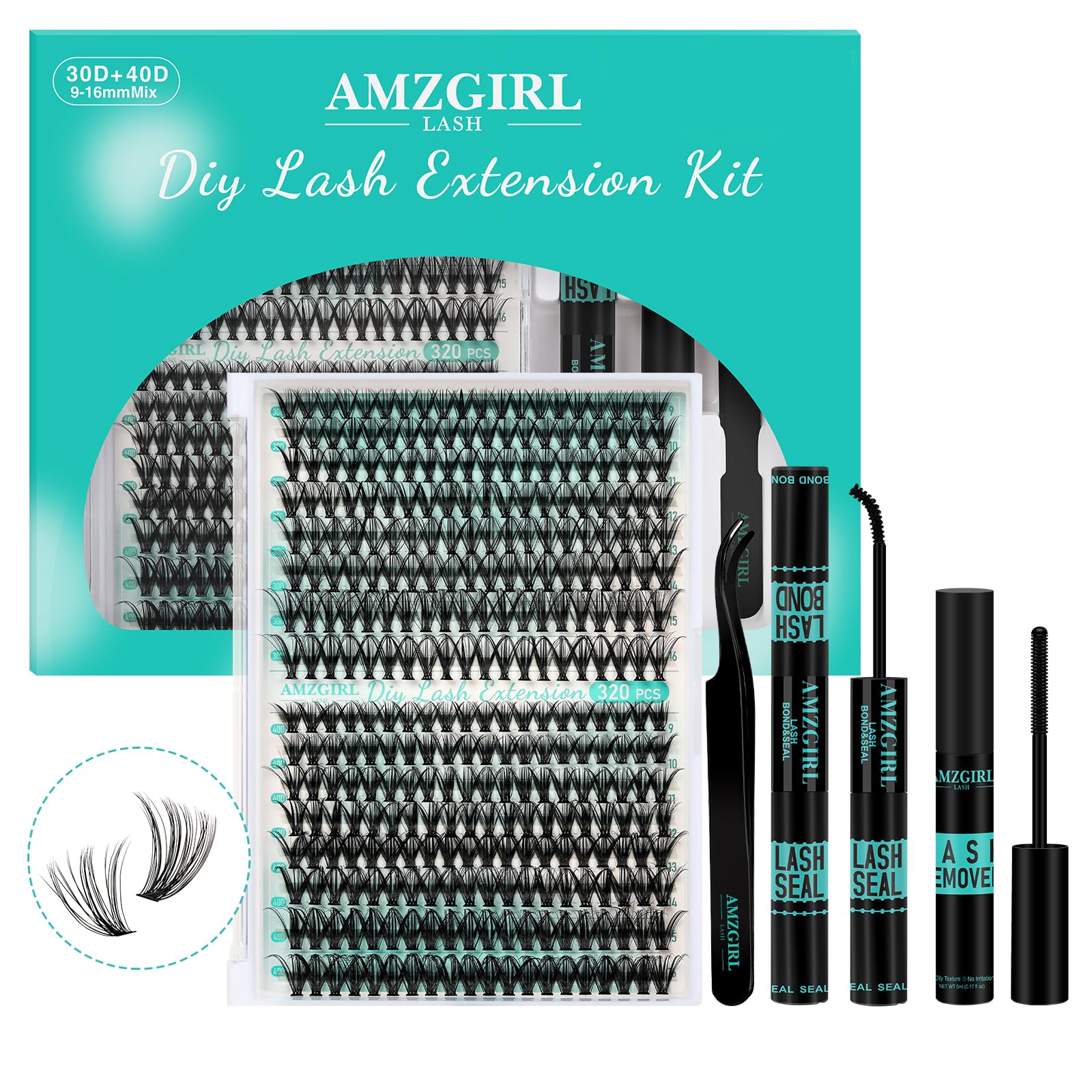 AMZGIRL LASH Clusters Kit 320Pcs contents showing mixed lashes for customizable looks