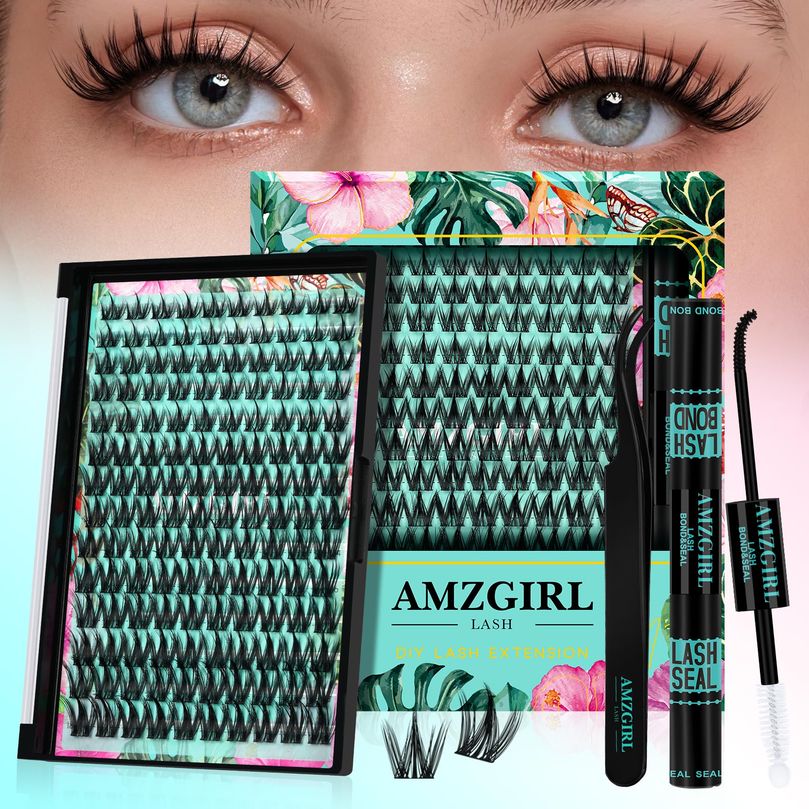 AMZGIRL LASH manga lash clusters kit front view for DIY extensions.