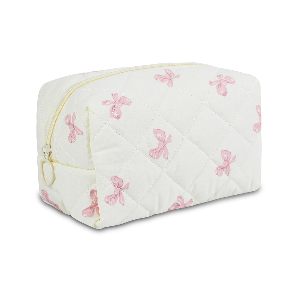 AMZMA quilted makeup pouch with floral pattern, ideal travel organizer for cosmetics.