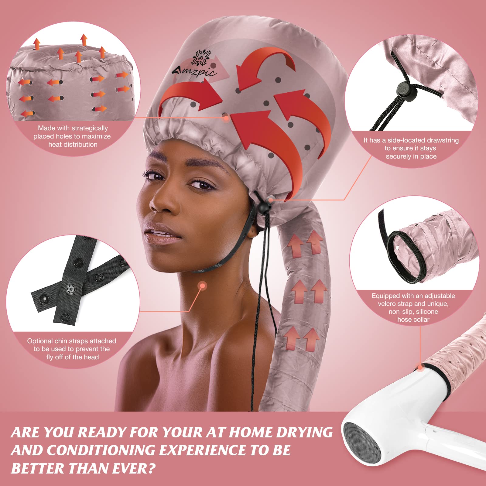Amzpic bonnet with adjustable drawstring ensuring secure, comfortable fit during drying.