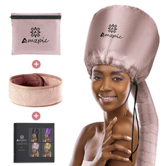 Amzpic bonnet hair dryer attachment in pink, soft fabric ideal for at-home conditioning.
