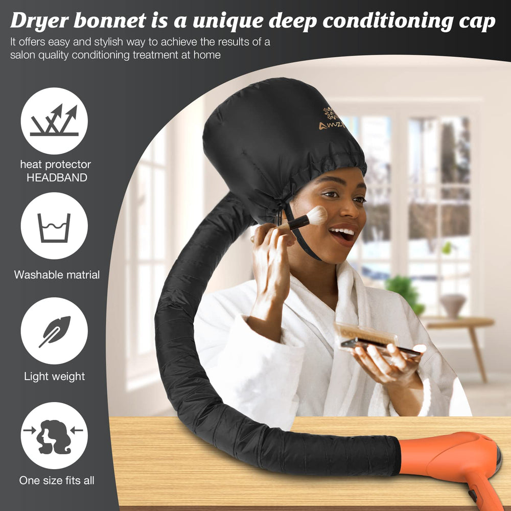 Amzpic bonnet hood dryer attachment in-use during hands-free at-home drying and styling.