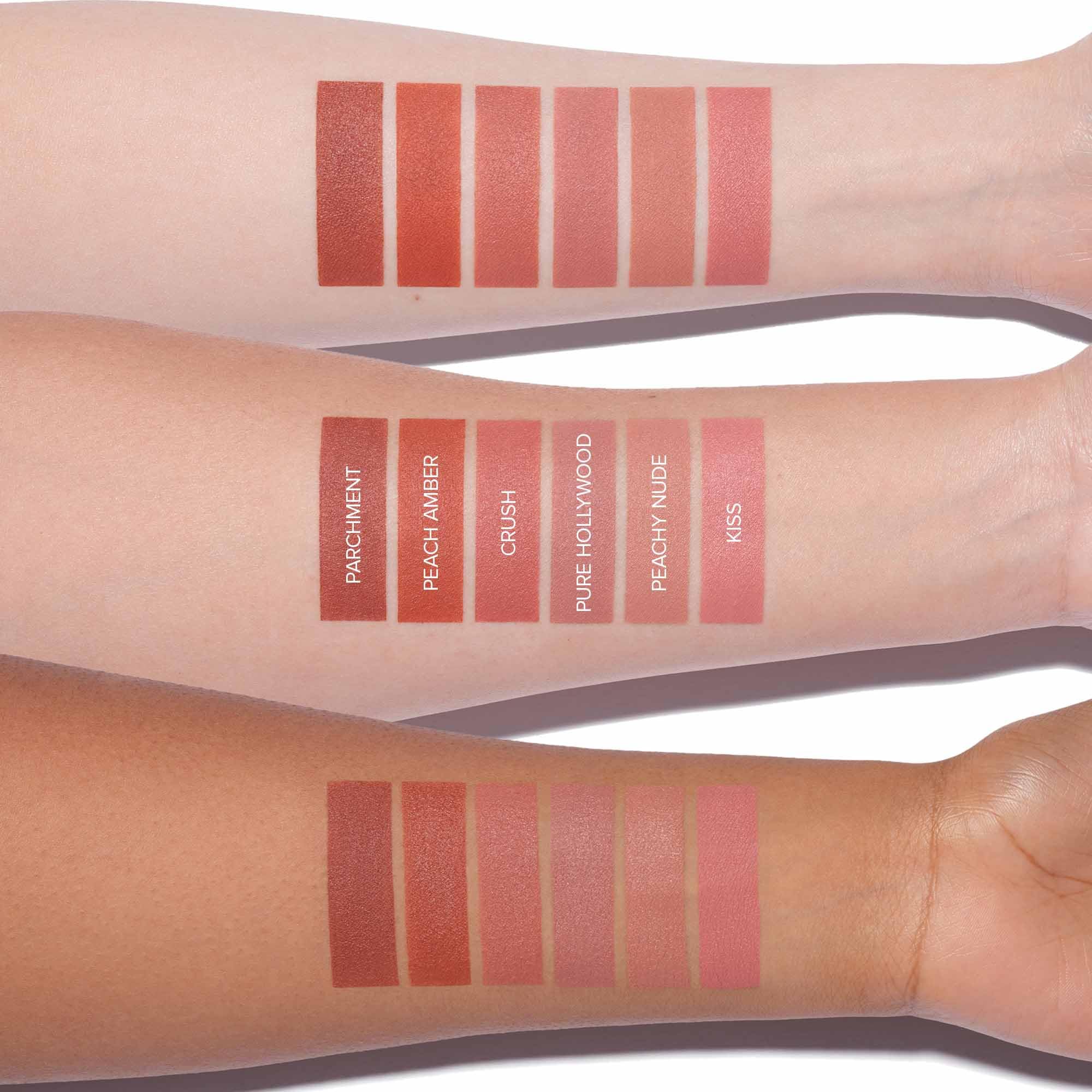 Anastasia Beverly Hills Lip Velvet Pure Hollywood swatch card demonstrates color payoff.