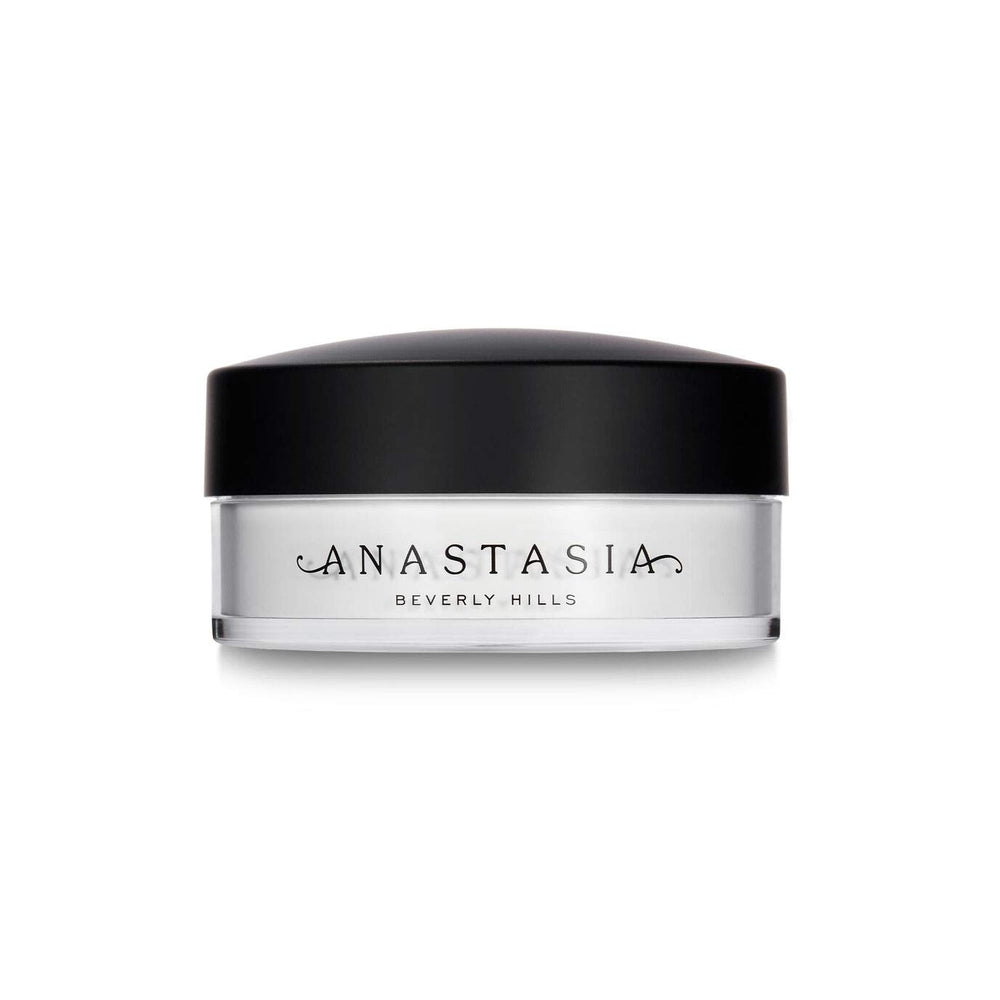 Anastasia Beverly Hills loose setting powder translucent jar close-up, smoothing and brightening the complexion.