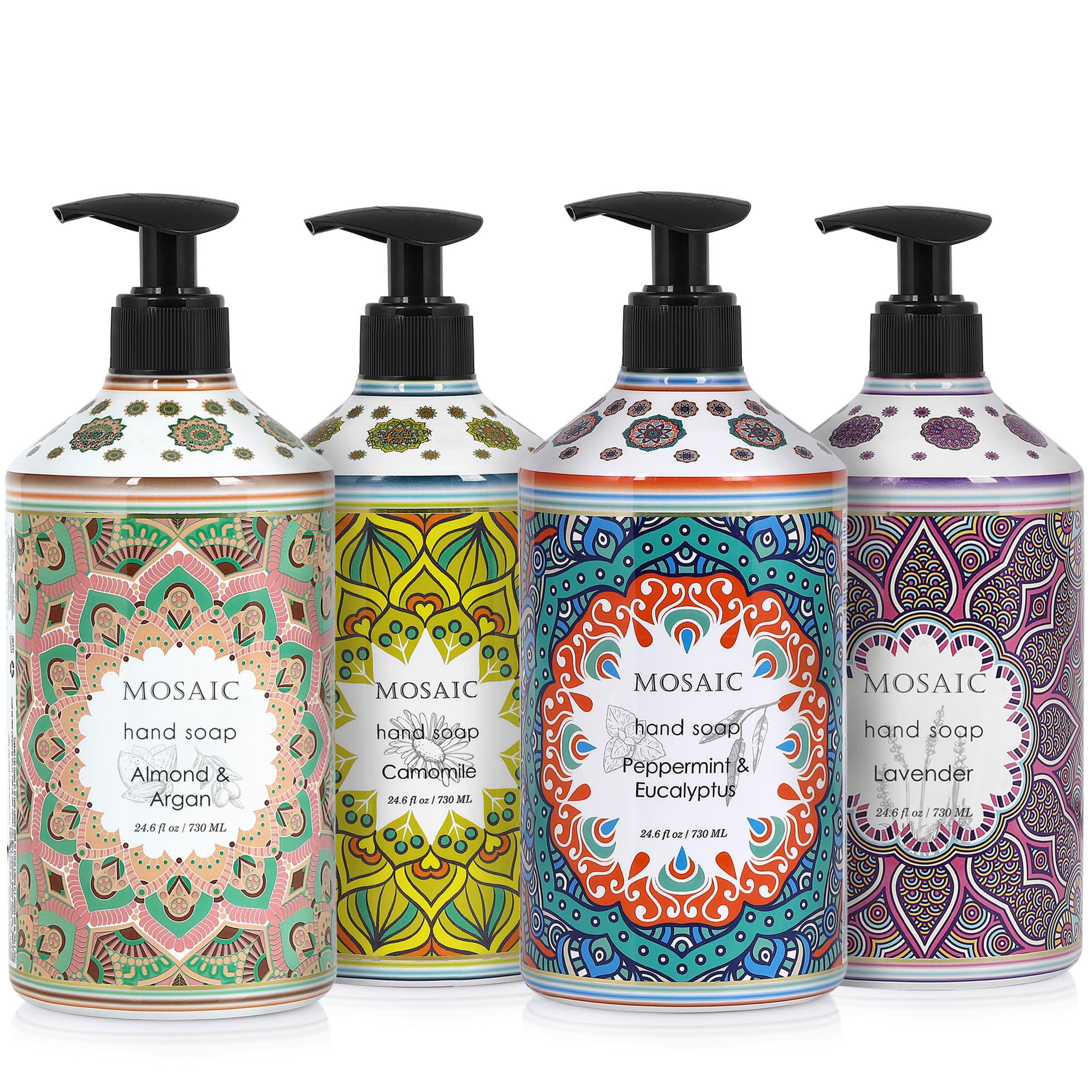 AnatoliaDaphne Mosaic Almond and Argan hand soap bottle pour highlighting premium oils.
