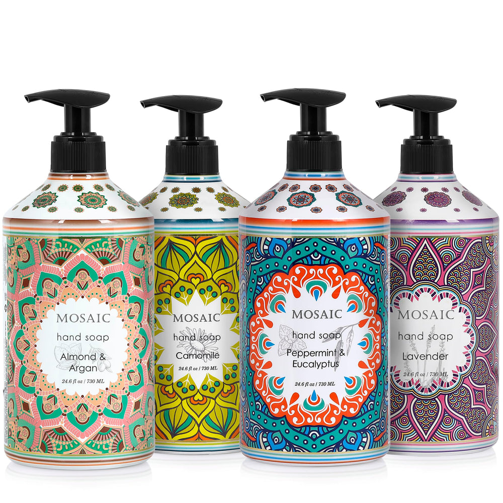AnatoliaDaphne Mosaic Almond and Argan hand soap bottle pour highlighting premium oils.