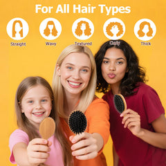 Ancable brush with boar bristles and nylon pins detangles smoothly.
