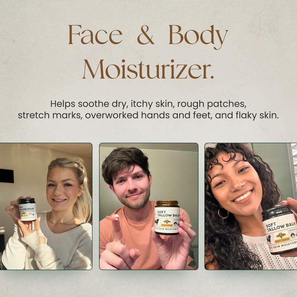 Honey-infused tallow balm application highlighting smooth, nourished skin without heaviness.