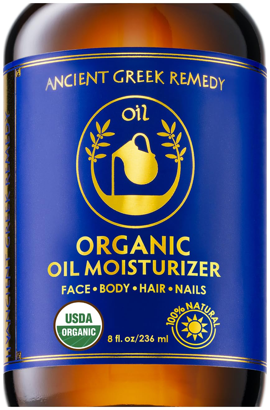 Ancient Greek Remedy after-shower bottle pour shows lightweight hydration for damp skin.