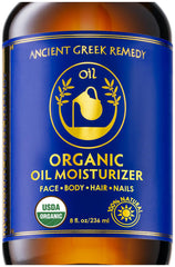 Ancient Greek Remedy after-shower bottle pour shows lightweight hydration for damp skin.